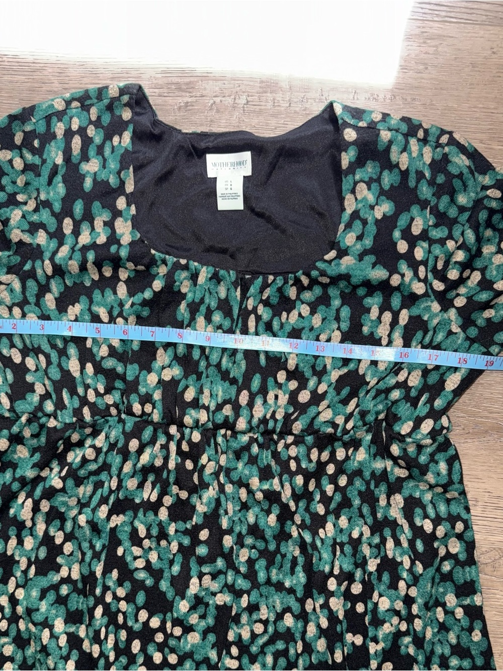 Motherhood Maturity Black Midi Dress with Green and Cream Dot Print - Picture 3 of 8